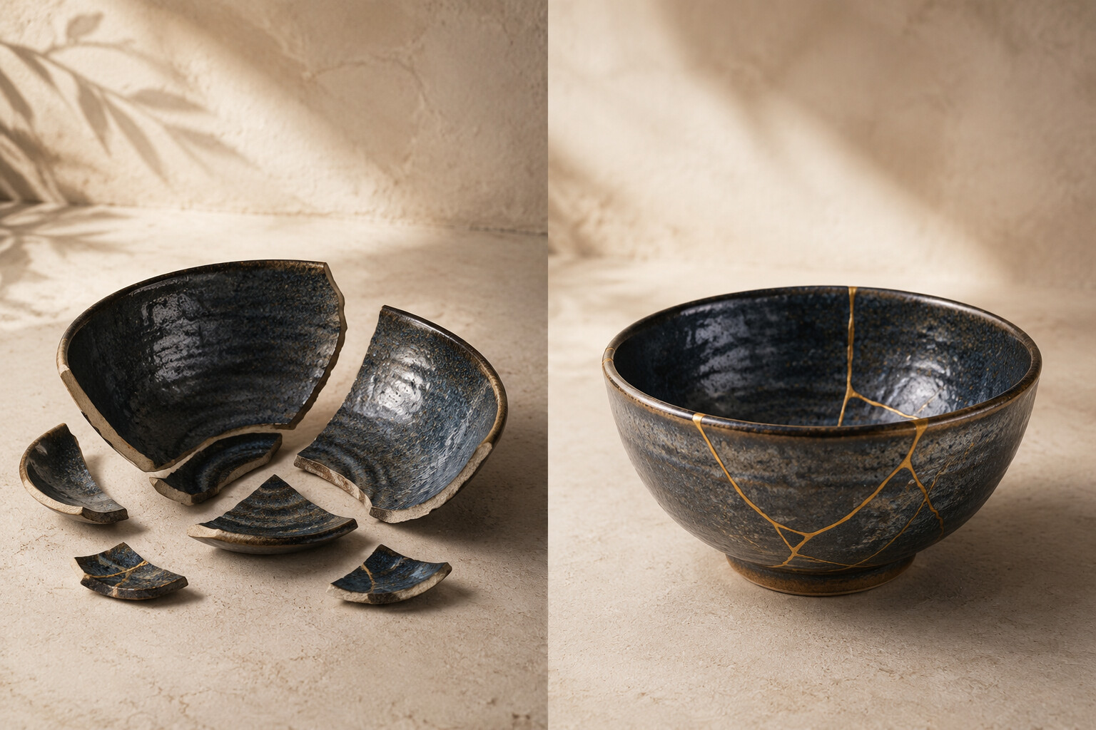 The same ceramic bowl before and after being restored with gold kintsugi