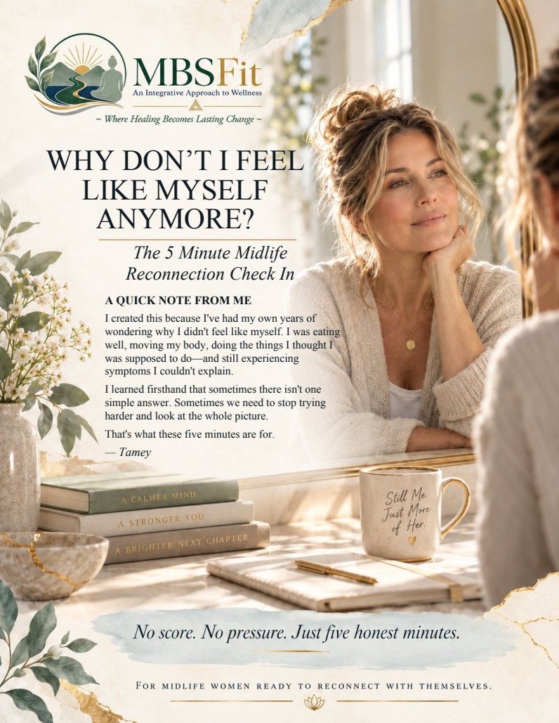 MBSFit 5 Minute Midlife Reconnection Check In cover: a woman looking thoughtfully in a mirror.
