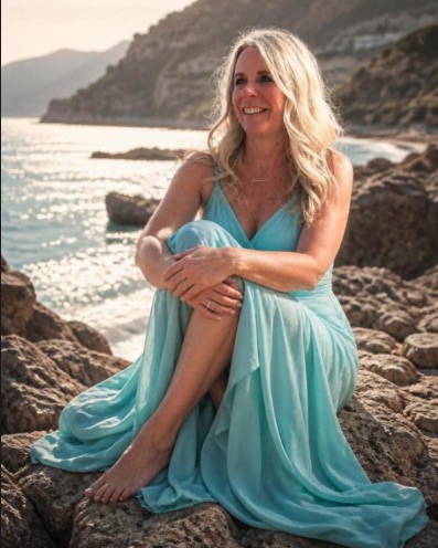 Tamey Greene in an aqua dress, sitting on rocks beside the water